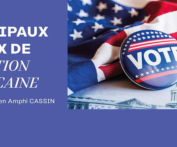 Visuel représentant la Maison Blanche, un drapeau américain et un pin's avec lle mot "vote"